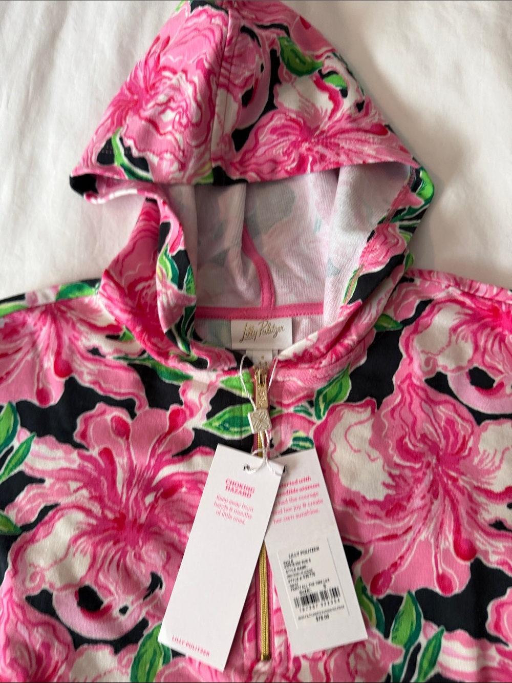 Lilly Pulitzer Pink Floral Hooded Kids Swim Coverup with Green Accents